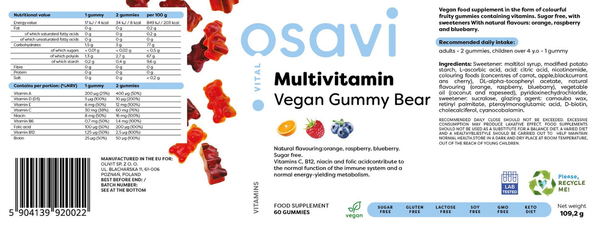 Multivitamin Vegan Gummy Bear | Orange, Raspberry, Blueberry - 60 gummy candies - Nutra Best Europe