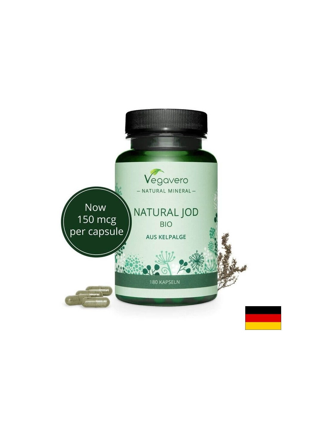 Natural Jod Bio Aus Kelpalge/ Natural iodine from organic algae, 180 capsules, 100% Vegan Vegavero - Nutra Best Europe