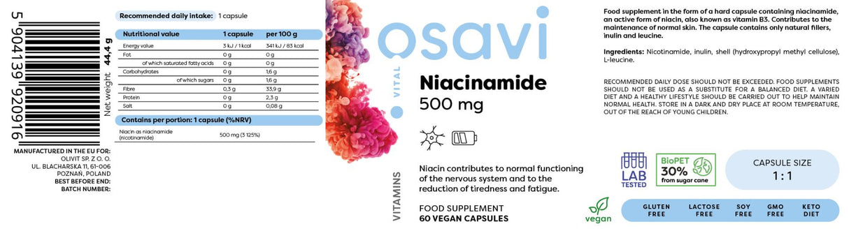 Niacinamide 500 mg - 60 capsules - Nutra Best Europe