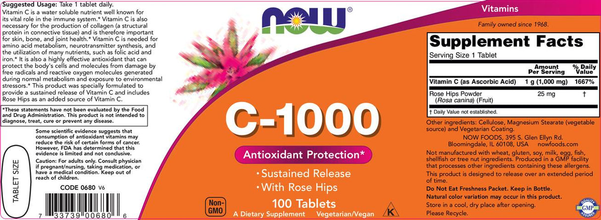 Vitamin C-1000 with Rose Hips / Sustained Release - 100 Tablets - Nutra Best Europe