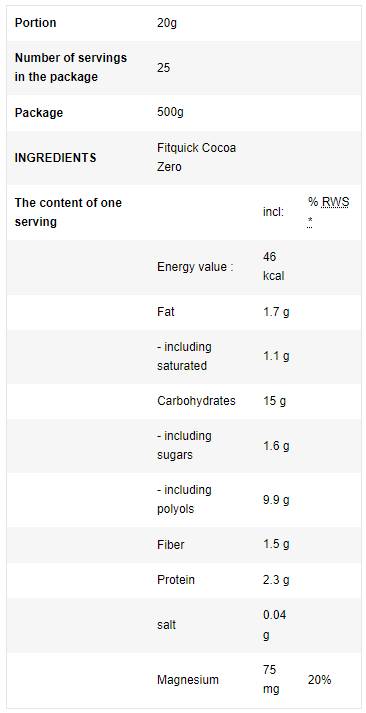FitQuick Cocoa Zero | with Erythritol - 500 grams - Nutra Best Europe