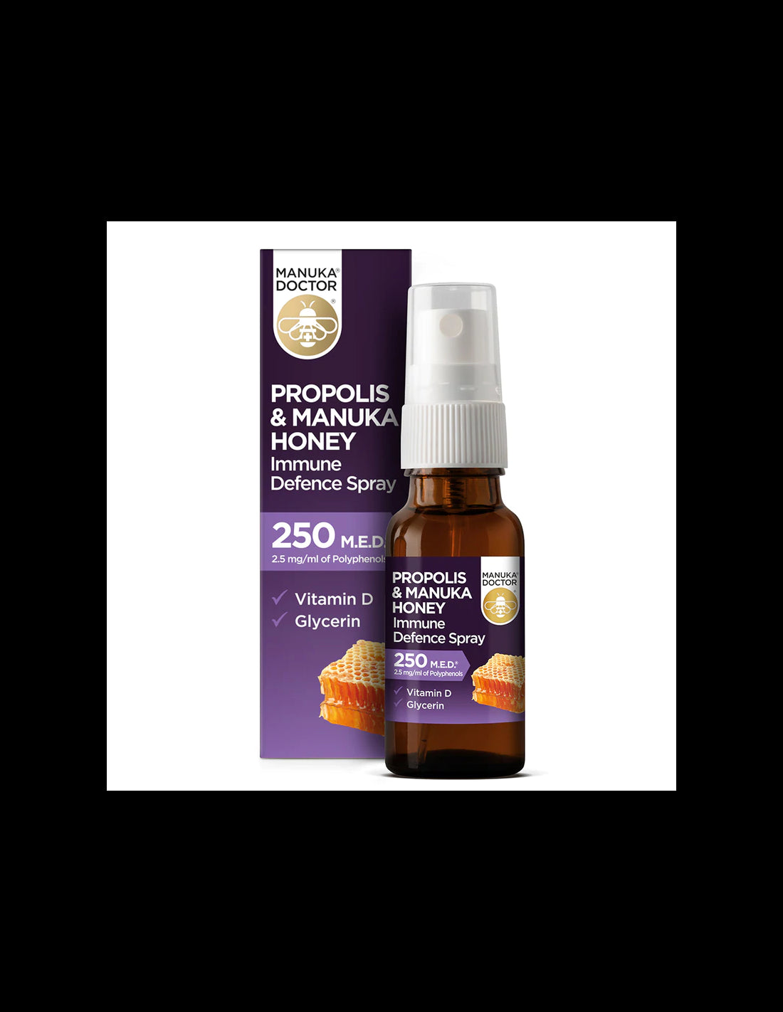 Propolis & Manuka Honey Immune Defense Spray 250 MED/ Throat spray with propolis (250 MED), manuka honey and vitamin D3, 20 ml - Nutra Best Europe
