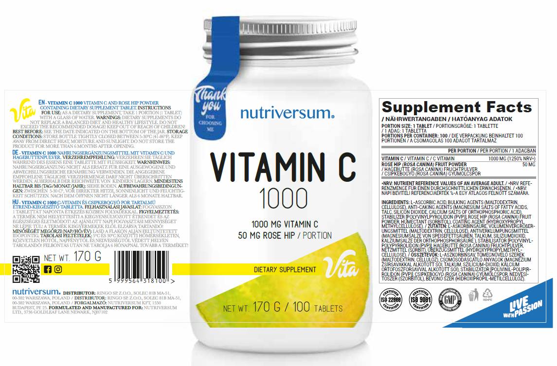 Vitamin C 1000 | with Rose Hips - 100 Tablets - Nutra Best Europe