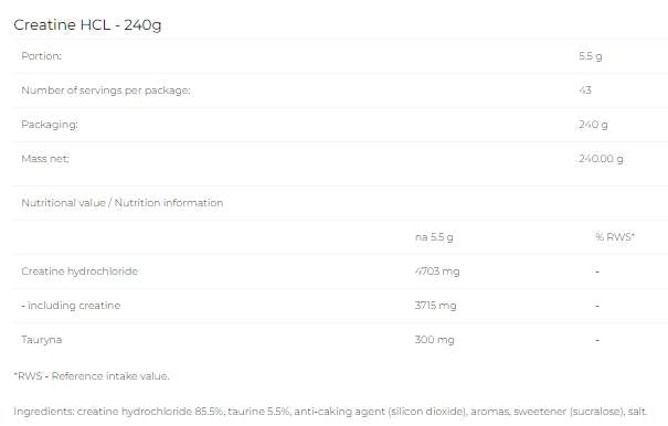 Creatine HCL Powder - 240 grams - Nutra Best Europe