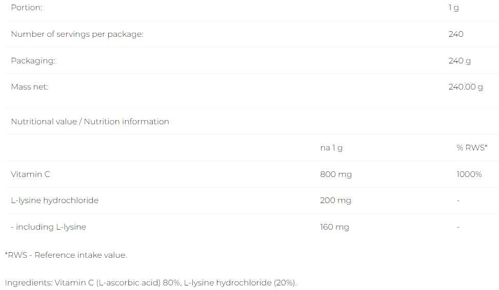 Vitamin C + L-Lysine Powder - 240 grams - Nutra Best Europe