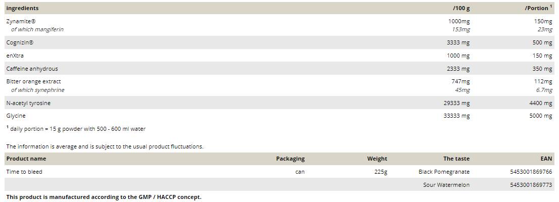 Time To Bleed | with Cognizin and Zynamite 225 grams - Nutra Best Europe