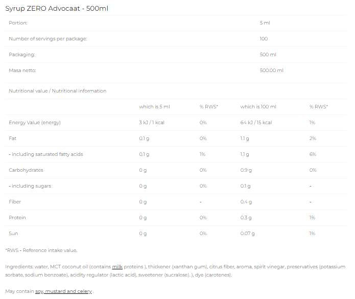 Syrup Zero - Advocaat - 500 ml - Nutra Best Europe