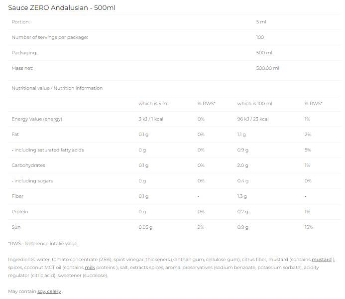 Sauce Zero - Andalusian - 500 ml - Nutra Best Europe