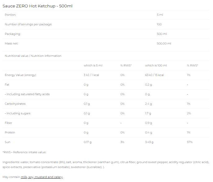 Sauce Zero - Hot Ketchup - 500 ml - Nutra Best Europe