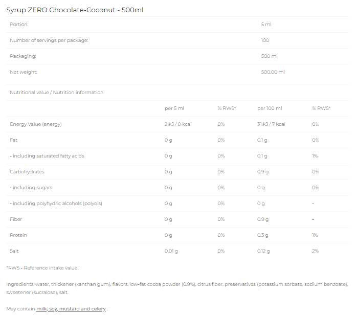 Syrup Zero - Chocolate Coconut - 500 ml - Nutra Best Europe