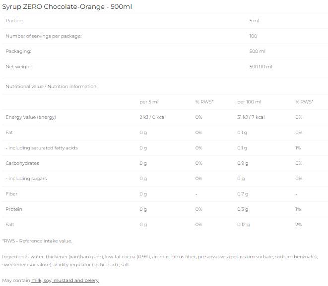 Syrup Zero - Chocolate Orange - 500 ml - Nutra Best Europe
