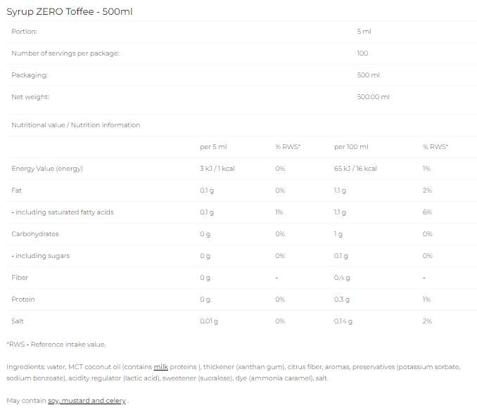 Syrup Zero - Toffee - 500 ml - Nutra Best Europe