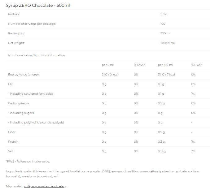Syrup Zero - Chocolate - 500 ml - Nutra Best Europe