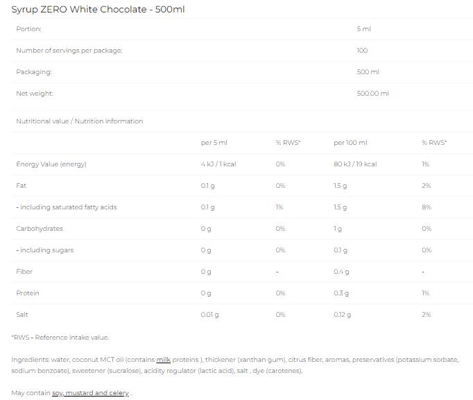 Syrup Zero - White Chocolate - 500 ml - Nutra Best Europe