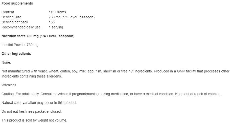 Inositol Powder - 113 grams - Nutra Best Europe