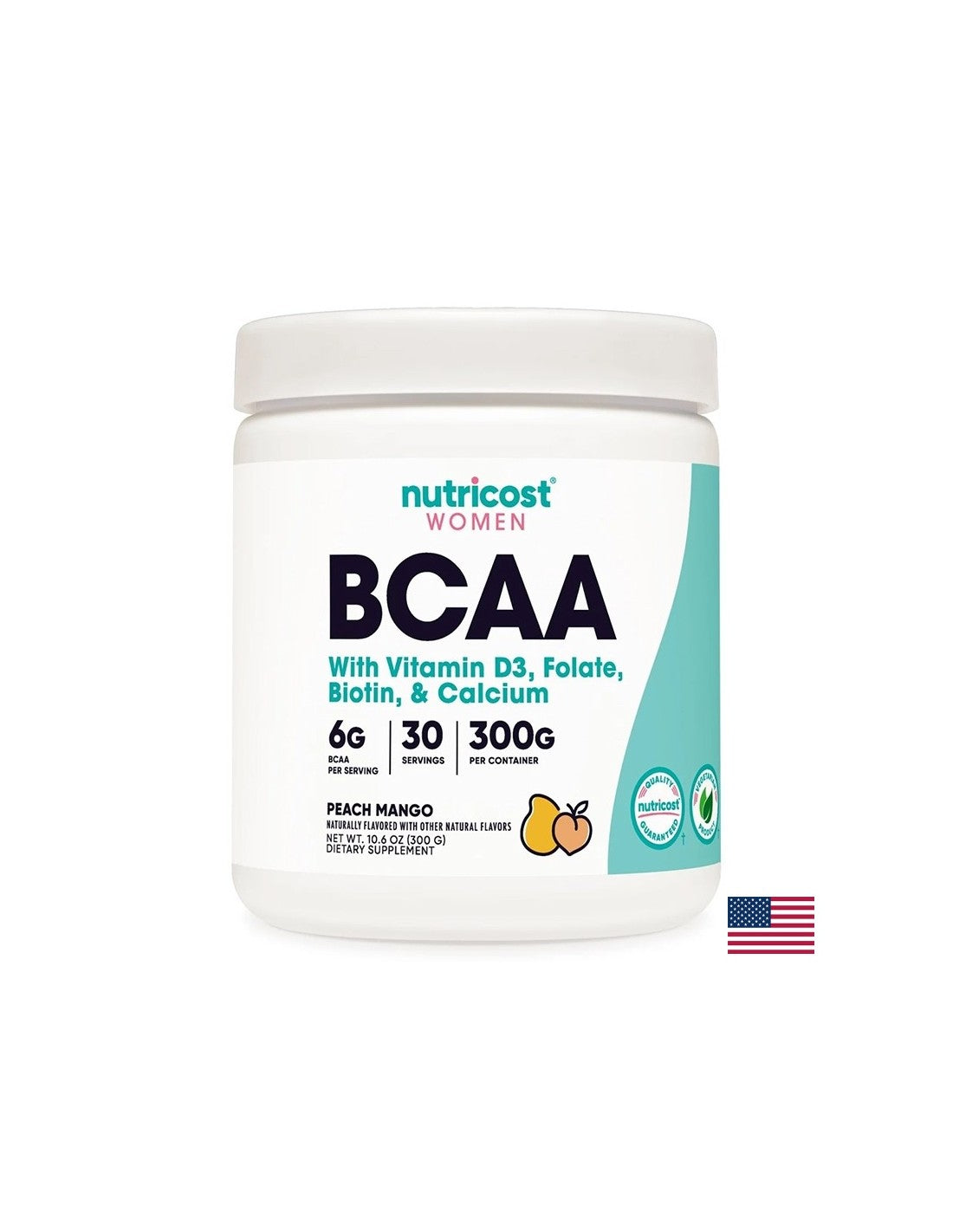 Branched chain amino acids BCAA + vitamin D3, folic acid, biotin, calcium (for women), 300 g powder with mango flavor - Nutra Best Europe