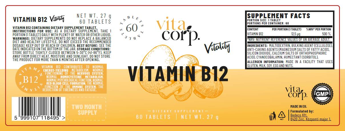 Vitamin B12 Cyanocobalamin 12.5 mcg - 60 Tablets - Nutra Best Europe