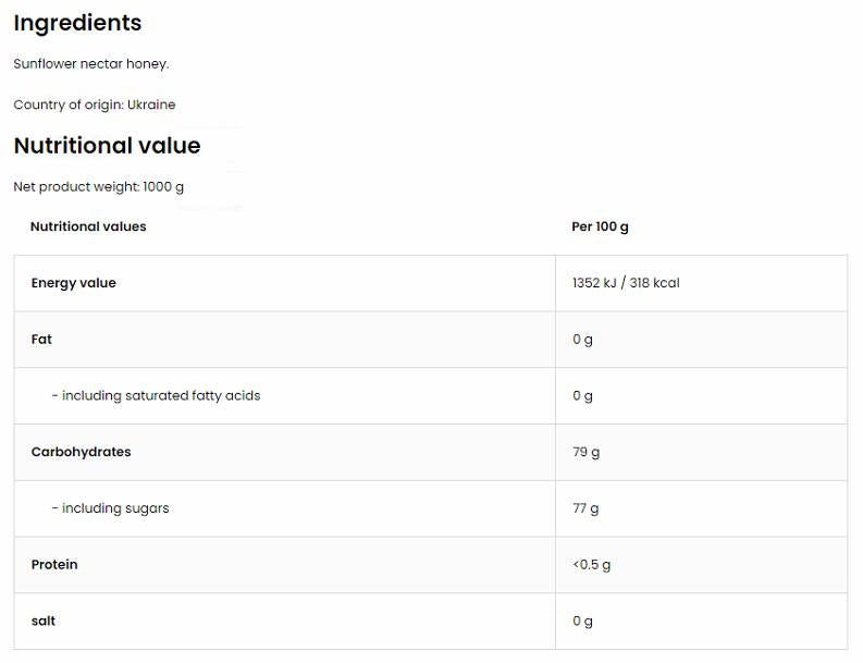 Natural Sunflower Honey / Natural sunflower honey 1000 grams - Nutra Best Europe