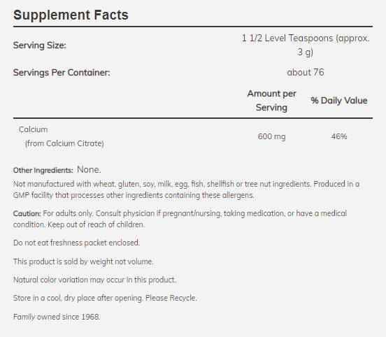 Calcium Citrate Powder - 227 grams - Nutra Best Europe