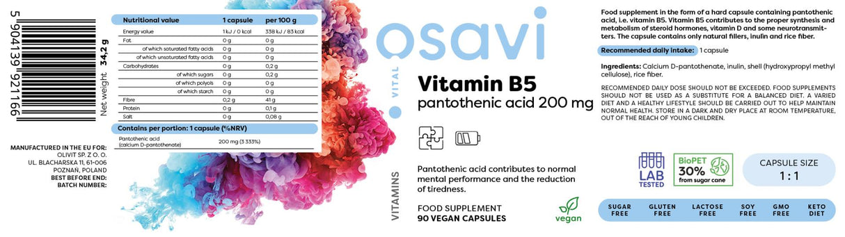 Vitamin B5 | Pantothenic Acid 200 mg - 90 capsules - Nutra Best Europe