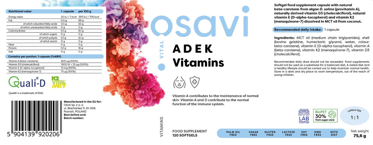 ADEK Vitamins | A + D + E + K | with Quali-D® - 120 Gel capsules - Nutra Best Europe