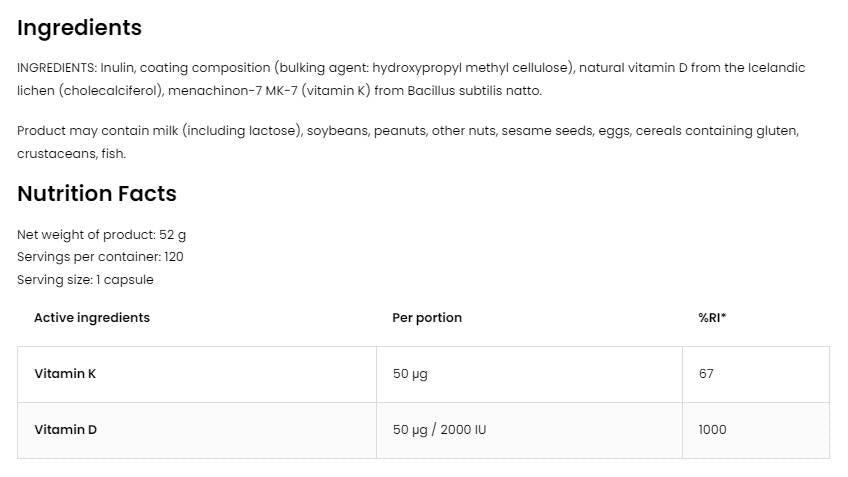 Vitamin D3 2000 + K2 50 mcg | Vege 120 capsules - Nutra Best Europe