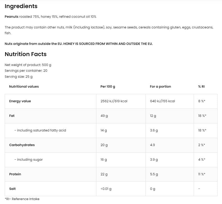 Peanut Butter + Honey 500 grams - Nutra Best Europe