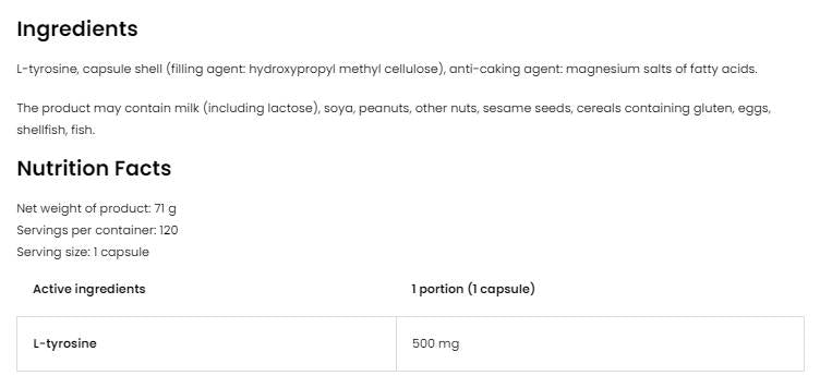 L-Tyrosine 500 mg 120 capsules - Nutra Best Europe