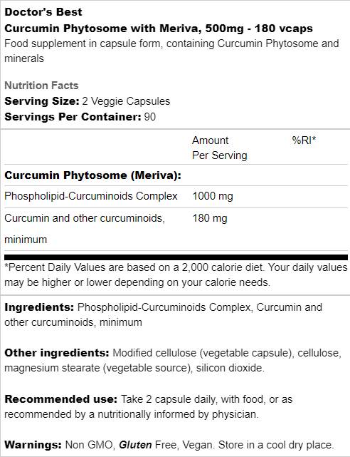 BEST Curcumin Phytosome 500 mg / with Meriva - 180 capsules - Nutra Best Europe
