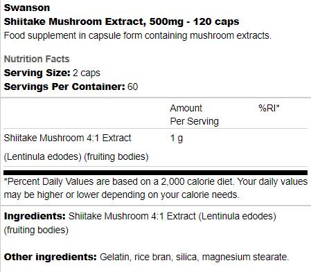 Shiitake Mushroom Extract 500 mg 120 capsules - Nutra Best Europe