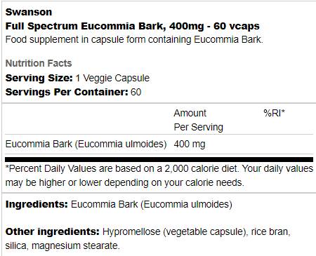 Full Spectrum Eucommia Bark 400 mg 60 capsules - Nutra Best Europe