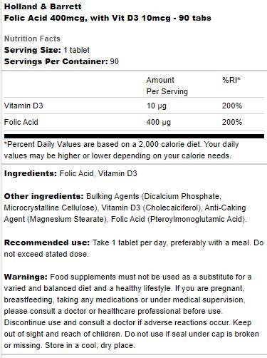 Folic Acid 400 mcg | With Vit D3 10 mcg - 90 Tablets - Nutra Best Europe