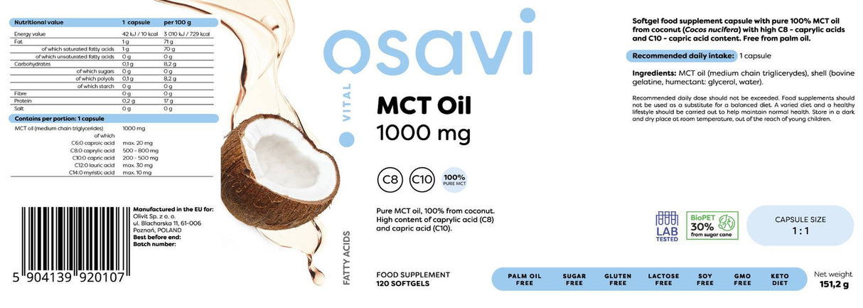 MCT Oil 1000 mg | C8 + C10 - 180 Softgels - Nutra Best Europe