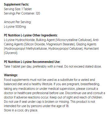 PE Nutrition | L-Lysine 1000 mg - 120 Tablets - Nutra Best Europe