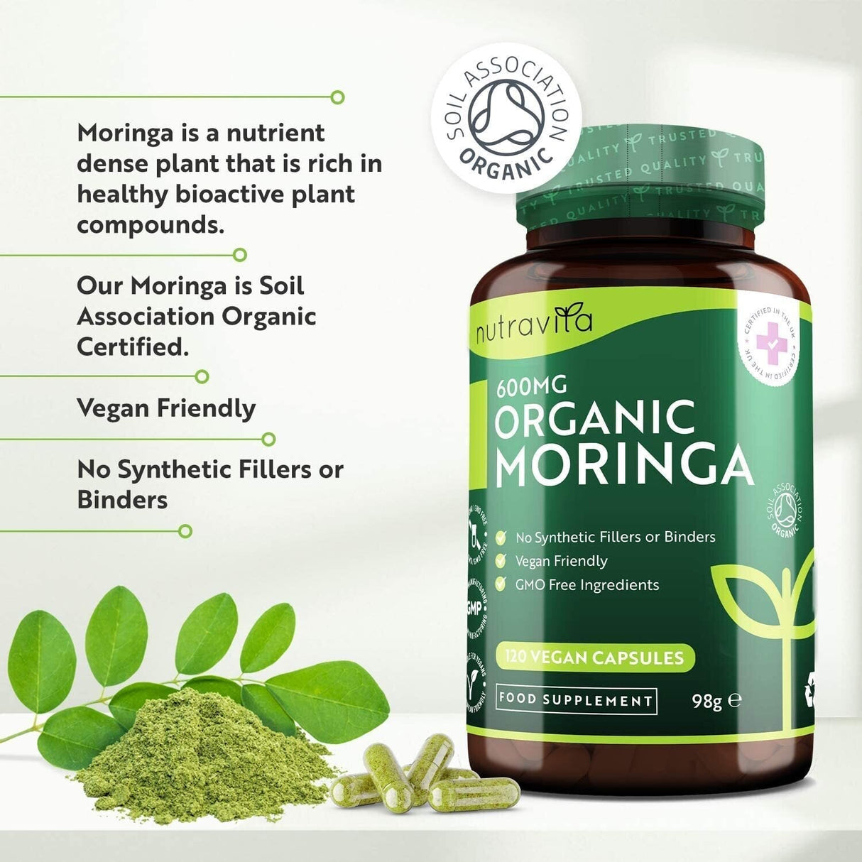 Organic Moringa - Bio Moringa 600 mg 120 Vegan Capsules - Nutra Best Europe