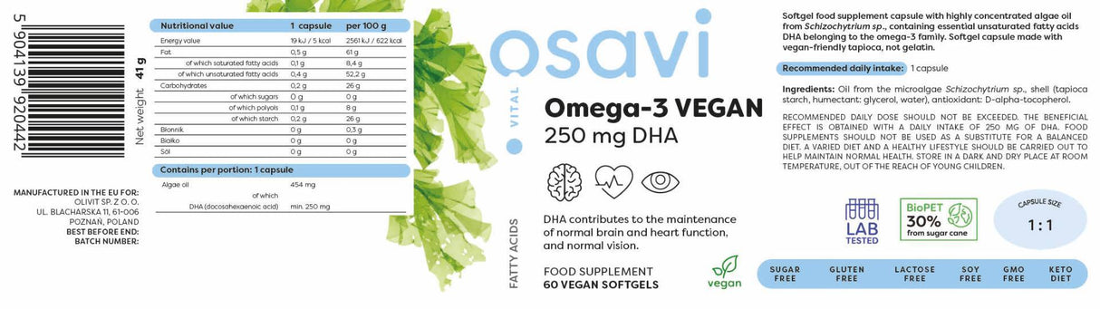Omega-3 Vegan | 250 mg DHA - 120 Softgels - Nutra Best Europe