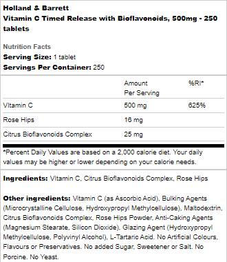 Vitamin C Timed Release 500 mg | With Bioflavonoids - 250 Tablets - Nutra Best Europe