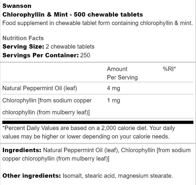Chlorophyllin and Mint 500 Chewable Tablets - Nutra Best Europe