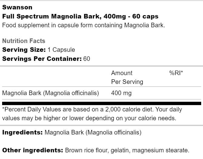 Full Spectrum Magnolia Bark 400 mg 60 capsules - Nutra Best Europe