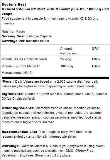 BEST Natural Vitamin K2 MK-7 180 mcg | Plus D-3 - 60 capsules - Nutra Best Europe