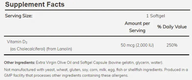 NOW Vitamin D3 / 2000 IU / 120 gel capsules - Nutra Best Europe