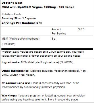 BEST Vegan MSM 1000 mg | With OptiMSM - 180 capsules - Nutra Best Europe