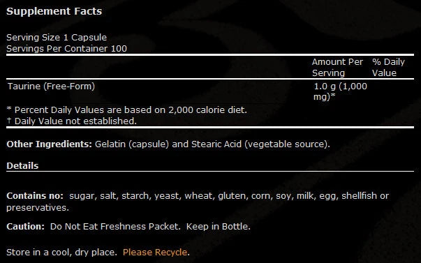 Taurine 1000 mg / Double Strength - 100 capsules - Nutra Best Europe