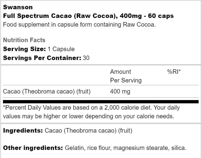 Full Spectrum Cacao 400 mg 60 capsules - Nutra Best Europe