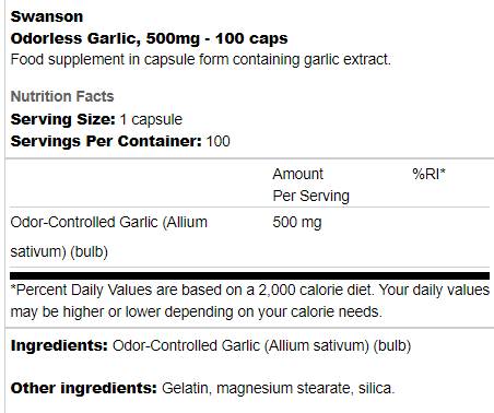 Odorless Garlic 500 mg 100 capsules - Nutra Best Europe