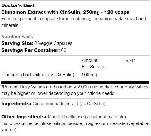 BEST Cinnamon Extract with CinSulin 250 mg - 120 capsules - Nutra Best Europe