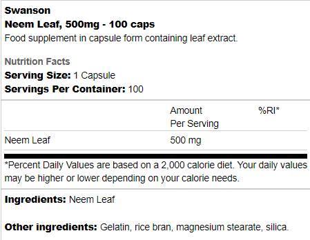 Neem Leaf 500 mg 100 capsules - Nutra Best Europe