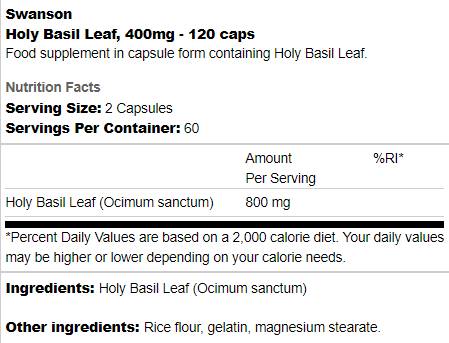 Holy Basil Leaf 400 mg 120 capsules - Nutra Best Europe