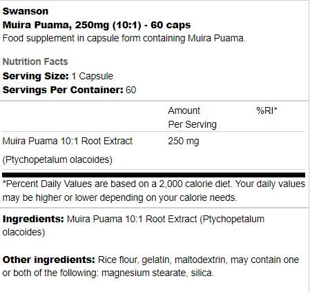 Muira Puama 250 mg | 10:1 Extract 60 capsules - Nutra Best Europe