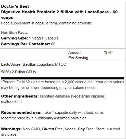 Digestive Health Probiotic | 2 Billion with LactoSpore - 60 capsules - Nutra Best Europe